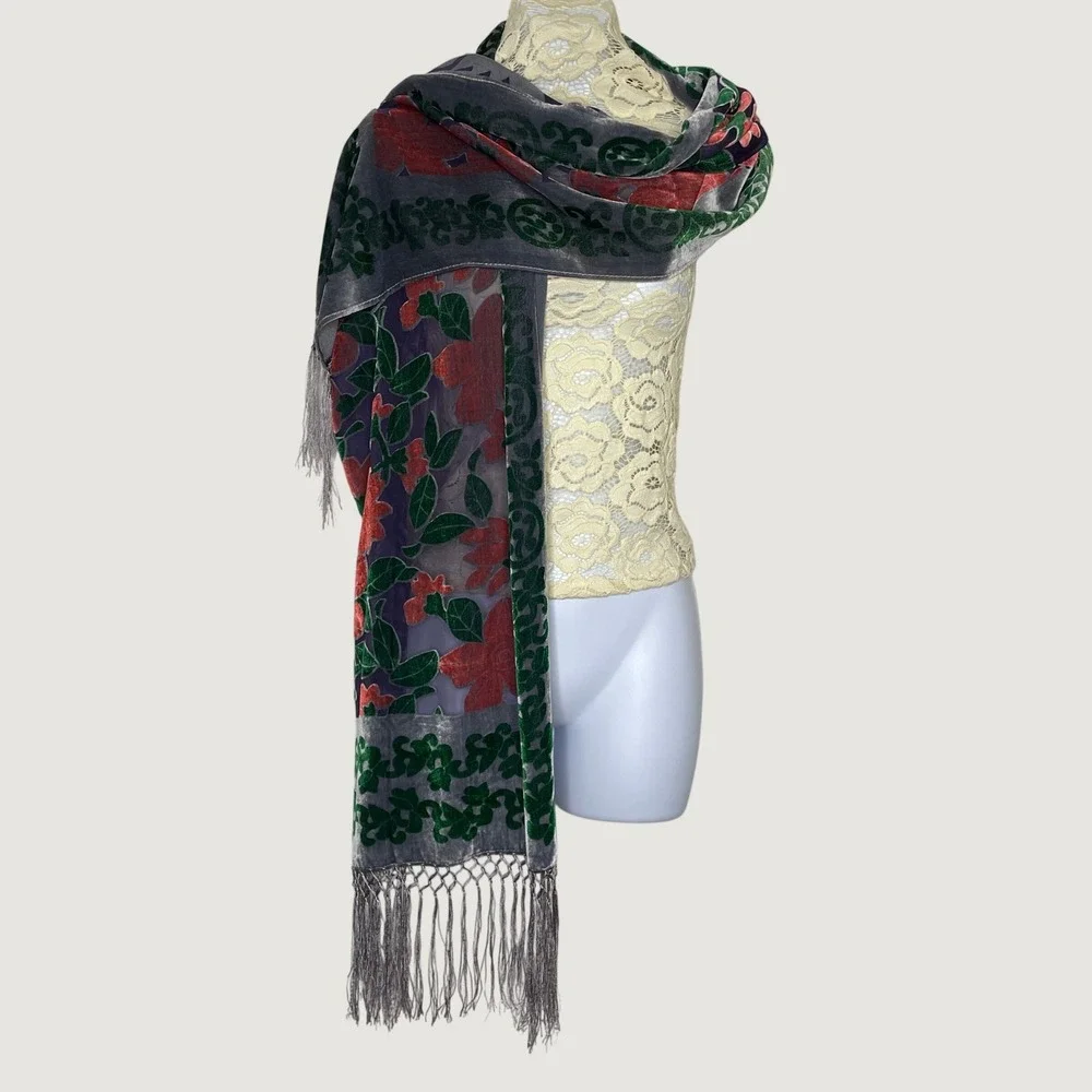 Burnout Velvet 100% Scarf OS Grey Red Floral Fringe Whimsigoth Shawl Wrap